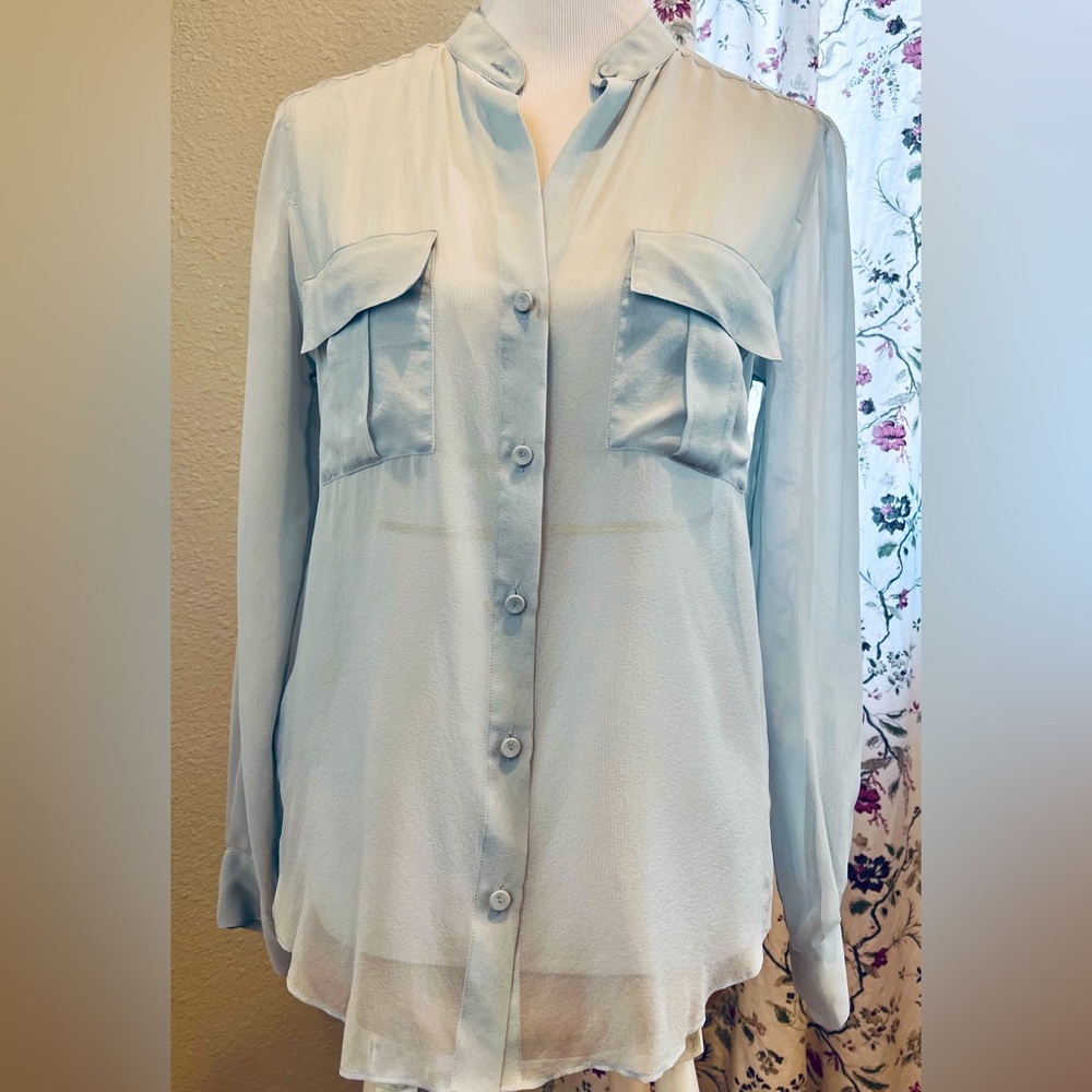 BCBG Maxazria Button down Smoke Blue Sheer Long Sleeve Shirt Size S NWT